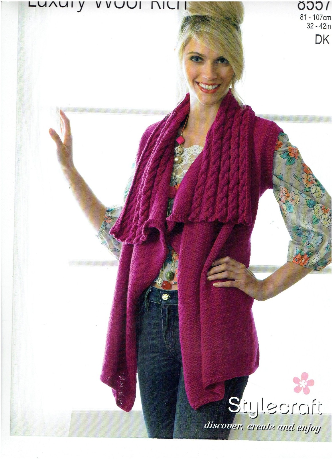 Stylecraft knitting pattern 8557 for a ladies DK cabled collar waistcoat
