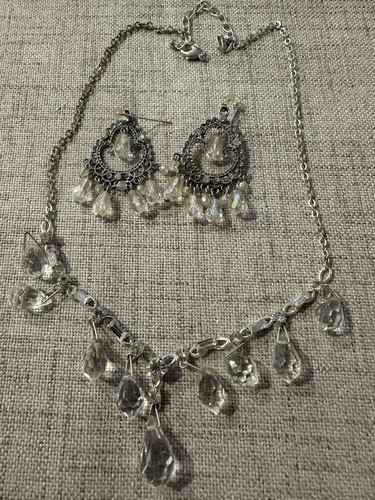 Sterling Silver Clear Crystal Teardrop Necklace 21" Chandelier Earrings Set