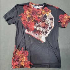 EUC Affliction BlackLabel AOP Skull Floral Graphic Shirt Men LG USA BikerGothic