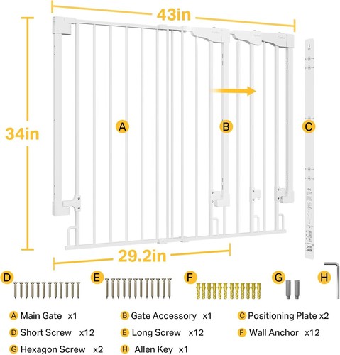 Puerta para bebé 34" extra alta sin barra inferior para escaleras, cierre automático puerta para perros interior... - Imagen 2 de 9