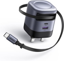 UGREEN USB C Charger Plug, 45W 3-Port Fast Charger Plug with Retractable Cable, 