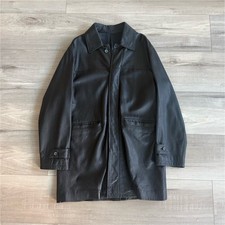 Vintage 70s Cortefiel Black Leather Men's Overcoat Button Long Size L from Spain