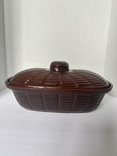 Vintage German Style Ceramic Bread Box Keeper Brown Basket Weave Covered 14&rdquo;