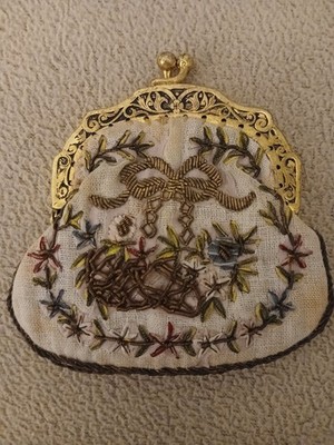 Antique Petit Point Purse Small Coin Purse Gold Thread Made In France