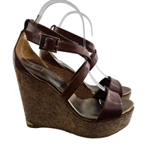 Jimmy Choo Heels sandals Womens 8 (38) Cork Wedge Platform Brown Leather Luxury