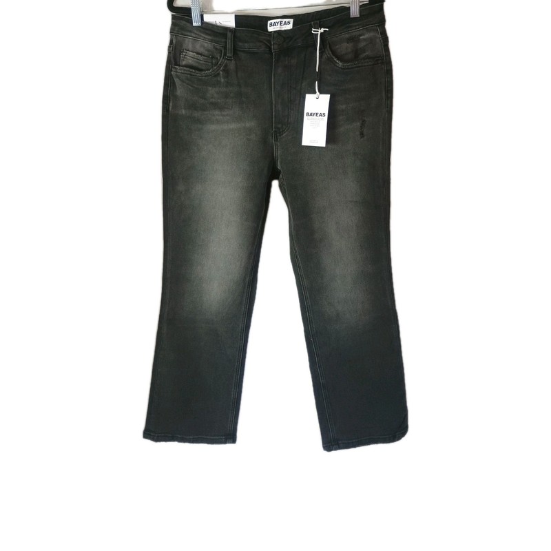 Bayeas Black Distressed Jeans High Rise Crop Flare Stretch Womens Size 32 (34")