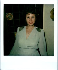 1970s Woman In White Long Sleeve Dress Smiling Indoors Close Up Vintage Photo