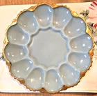 VINTAGE ANCHOR HOCKING BLUE DELPHITE GLASS DEVILED EGG PLATE DISH W/ GOLD TRIM