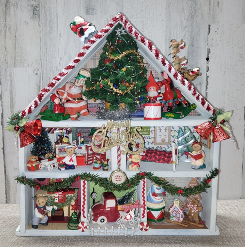 Vintage Christmas Decor Artisan Miniature Dollhouse Wood House 19" Tall OOAK