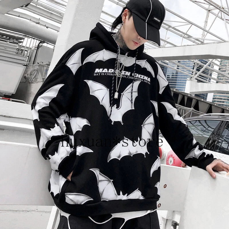 Bevidst Compulsion platform Style Japanese Bat Print Hoodies Men 100%Cotton Fashion Long Sleeve Black  Hoodie | eBay