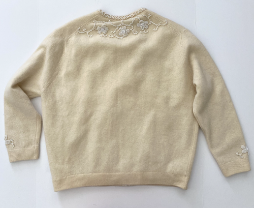 Vintage Cream Cardigan Heavily Beaded Lined Marshall Fields Lambswool Rabbit Fur - Picture 11 of 18