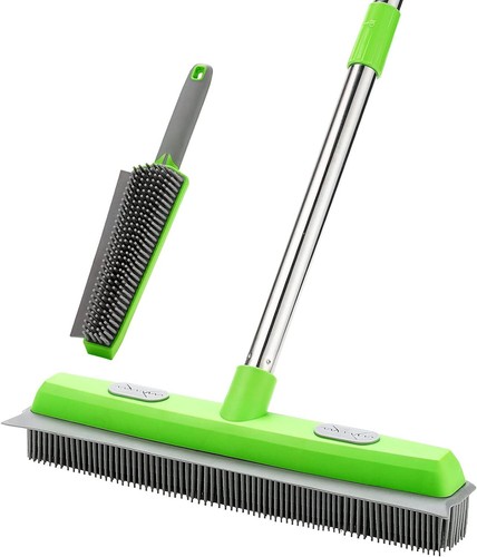 Long handled rubber broom with squeegee for pet hair removal on carpet, floor