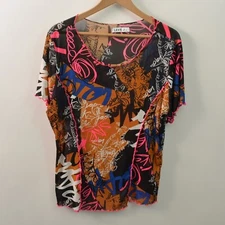 Love J Blouse Womens 1X Semi Sheer Short Sleeve Black Pink Spandex