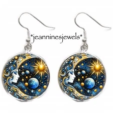 Crescent Moon Earrings Starry Night Celestial Art Print Silver Charm Dangle
