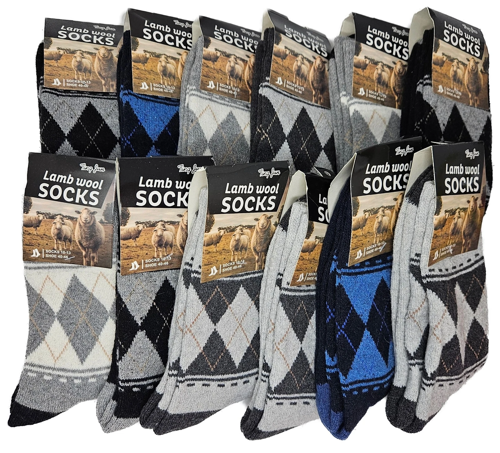 Men's Lamb Wool Argyle Crew Socks, Warm Winter Soft Classic Pattern, 12-Pack