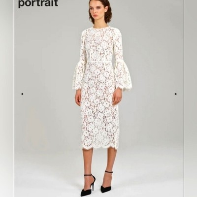 Self Portrait Round Neck Eyelash Bell Sleeve Sheath Lace Midi Dress Size US 6