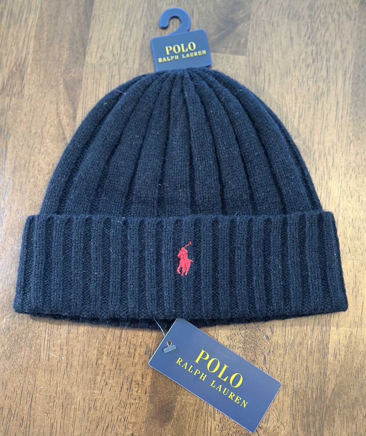 Polo Ralph Lauren misto lana polsino a costine maglia berretto ricamato rosso pony nero