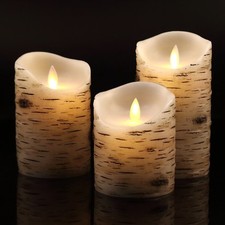 3 Pcs Flameless Birch LED Candles With Moving Flame With Battery Remote Timer