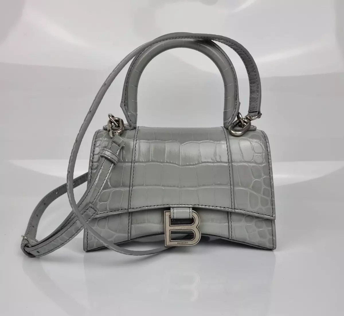 Balenciaga XS Hourglass Croc Embossed Gray Leather Bag New