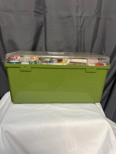 Vintage Clear/Green MCM Sewing Kit Box FULL OF VINTAGE ITEMS! - Picture 6 of 9