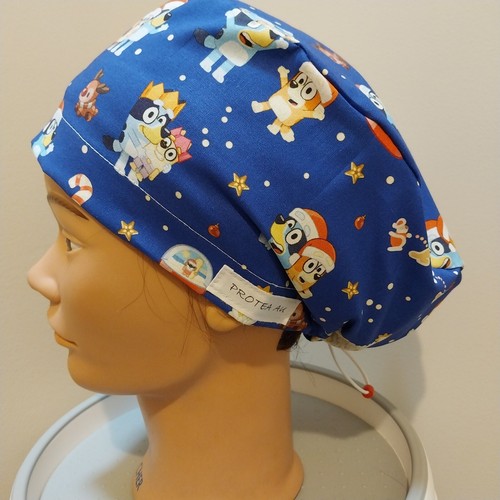 Nurses Bluey Christmas, cotton long hair scrub cap, scrub hat. Handmade Aust - Picture 7 of 14