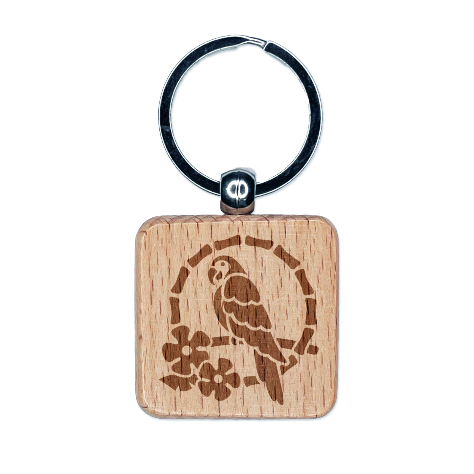 Colorful Tiki Parrot Engraved Wooden Keychain Charm with Square Tag