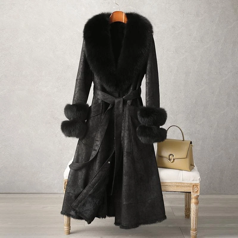 Rabbit Fur Coat 2024 Long Jacket Women's Imitation Fox Fur Collar Coat Slim Fit - Image 4 of 4