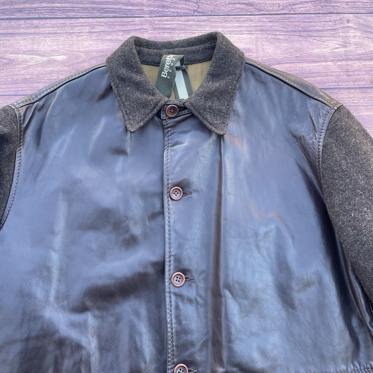 Beretta Sport Pelle Leather Brown Chore Jacket B206H Wool Sleeves 