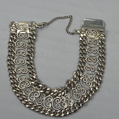 Vintage Chain Bracelet Wide C Scroll Curb Edge Safety Chain Wide Filigree 6.5''