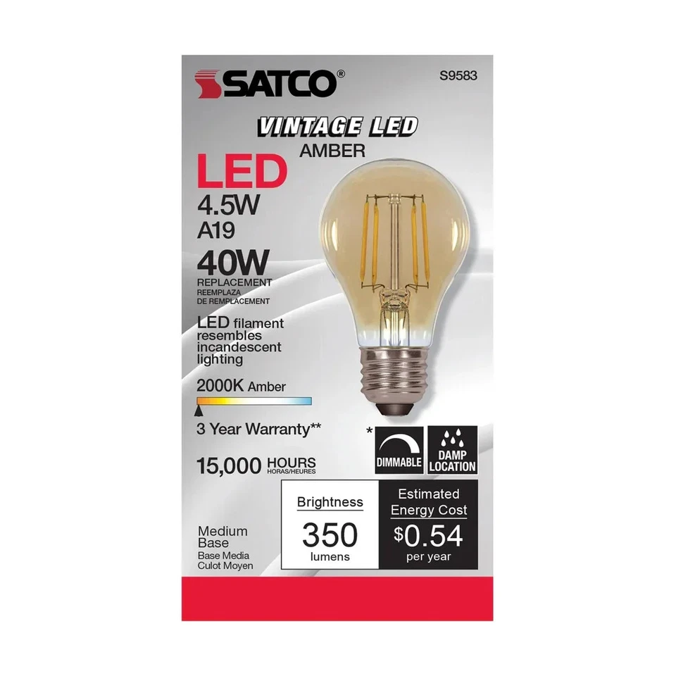 4.5 Watt A19 LED - Amber - Medium base - 2000K - 350 Lumens - 120 Volt - 6-Pack - Image 2 of 4