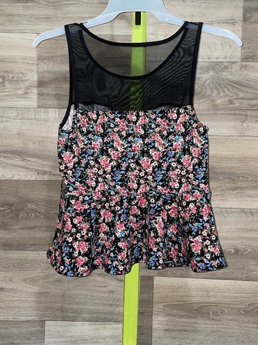 Floral Mesh Tank Top Womens Small Black Pink Blue Sheer Sweetheart Neckline Boho - Picture 2 of 6