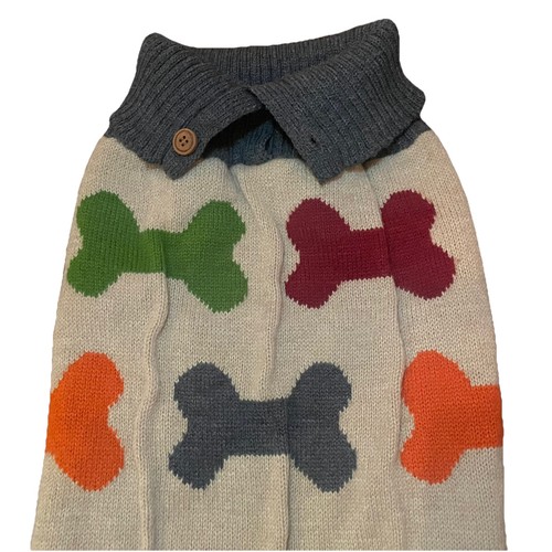 Wag-A-Tude Dog Sweater Bone Print Knit Pullover Pet Clothes Multicolor Button XL