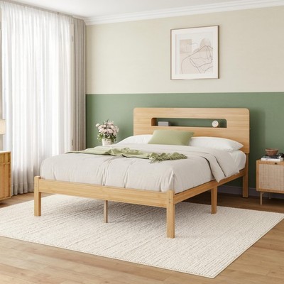 Solid Bamboo Wood Queen Bed Frame with Storage Headboard, 14 inch Platform Be...