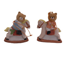 Vintage Rocking Horse Bears Christmas Ornaments Hand Painted Porcelain Bisque