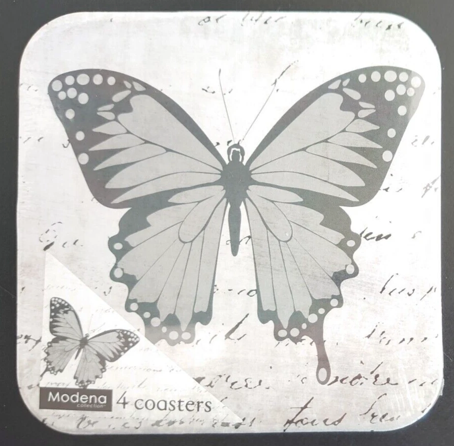 RSW INTERNATIONAL LTD Coasters - Set of 4 - Grey Butterfly - 10.4 x 10.4cms