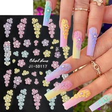 5D Embossed Daisy Rose Butterfly Camellia Flower Nail Art Stickers Self-adhesive