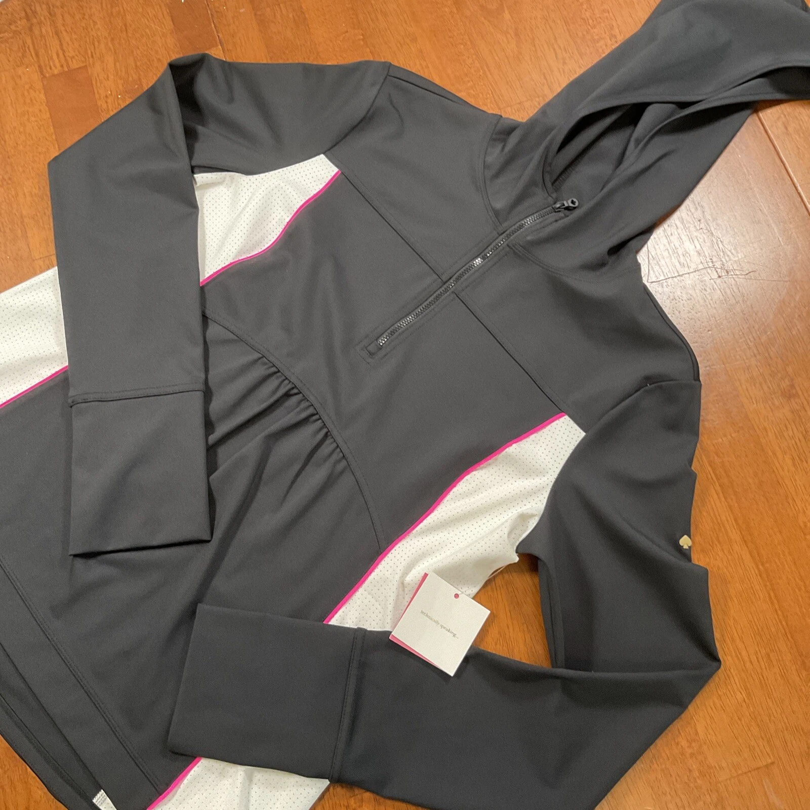 NUOVO Kate Spade giacca donna L nero rete inserto mezza zip manica lunga prezzo al dettaglio consigliato $118