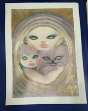 Novella Parigini, Acrilico su carta litografia 68x88cm madre figlia con gatto