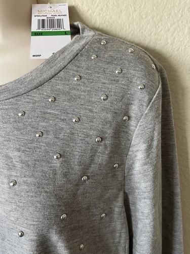 NWT Michael Kors Gray Silver Studded Scoop Neck Long Sleeve Womens Blouse Size L - Picture 3 of 7
