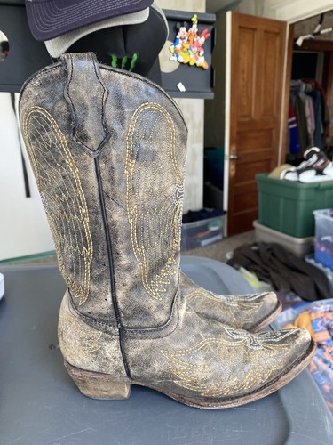 Corral Wings 1029 Western Distressed Black Leather Snip Toe Boots Teen Sz 5 T - Picture 2 of 11