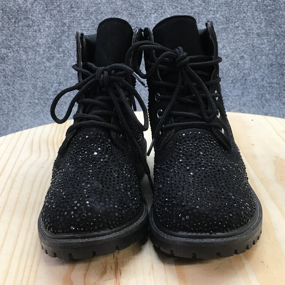 Botas de bambú para mujer 6 botines al tobillo cuero negro con cordones estrás tacones Foto 4 de 4