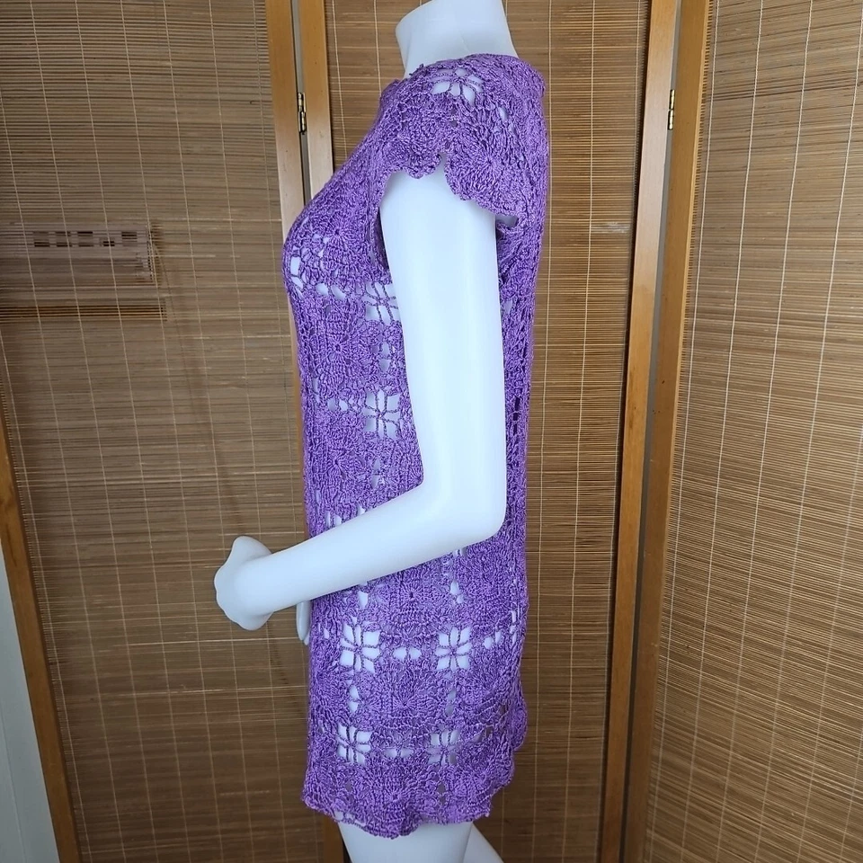 Vestido de ganchillo hecho a mano para mujer pequeño púrpura boho túnica playa cubierta encaje top Foto 4 de 4