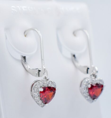 LAB CREATED 1.72 Cts RUBY & WHITE SAPPHIRE HEART DANGLING EARRINGS .925 Silver