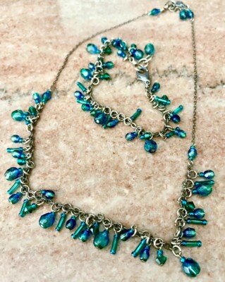 1990s Boho Blue And Green Glass Bead 17.5 Necklace And 7.5 Bracelet