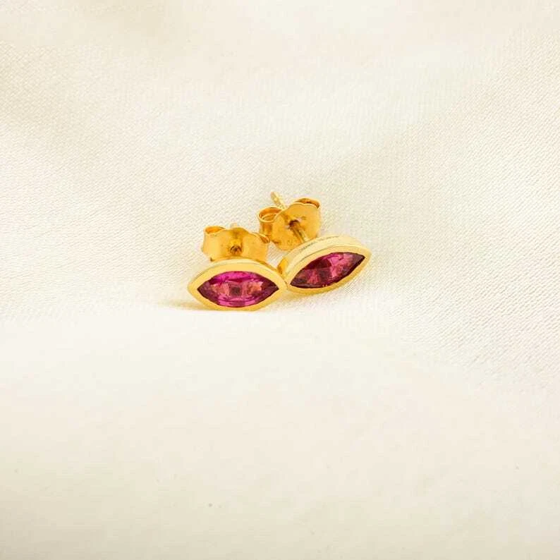 14K Yellow Gold Natural Marquise Ruby Gemstone Minimalist Dainty Studs Earrings - Image 3 of 4