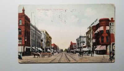 South Bend Indiana Postmarked 1908 Michigan Street Horse Wagon Signs Down Town