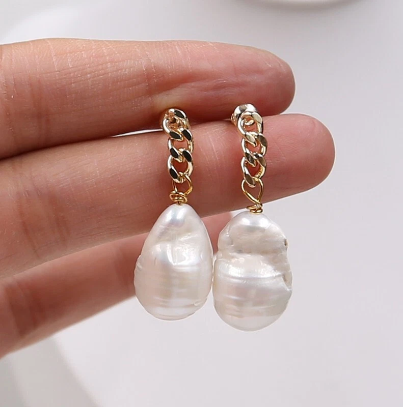 12X19 Natural White Drops Baroque Pearl Earring 18KGP Hook Irregular G4 - Picture 1 of 12