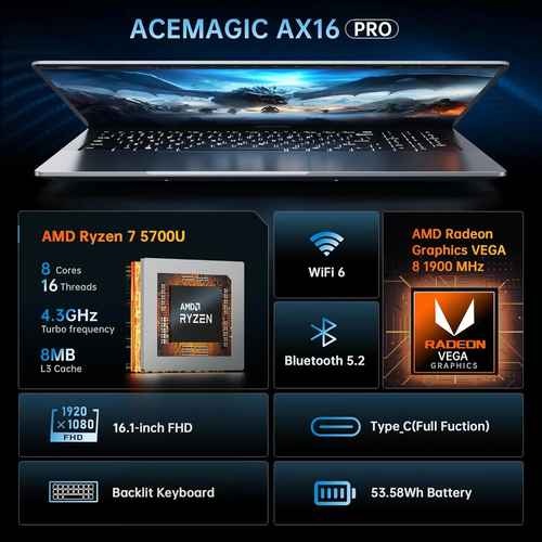 Laptop 16.1 FHD Gaming Laptop, AMD Ryzen 7 5700U, 16GB RAM, 512GB SSD, Windows 1 - Picture 2 of 12
