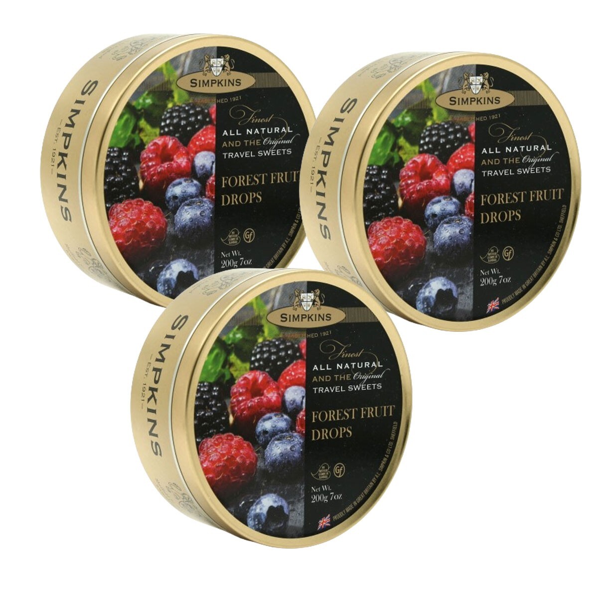 Simpkins Forest Fruit Travel Sweets 3 x  200g Tin