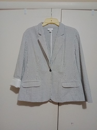 J.Jill Blazer Women Size Medium Petite Seersucker Stripe One Button Cotton Blend